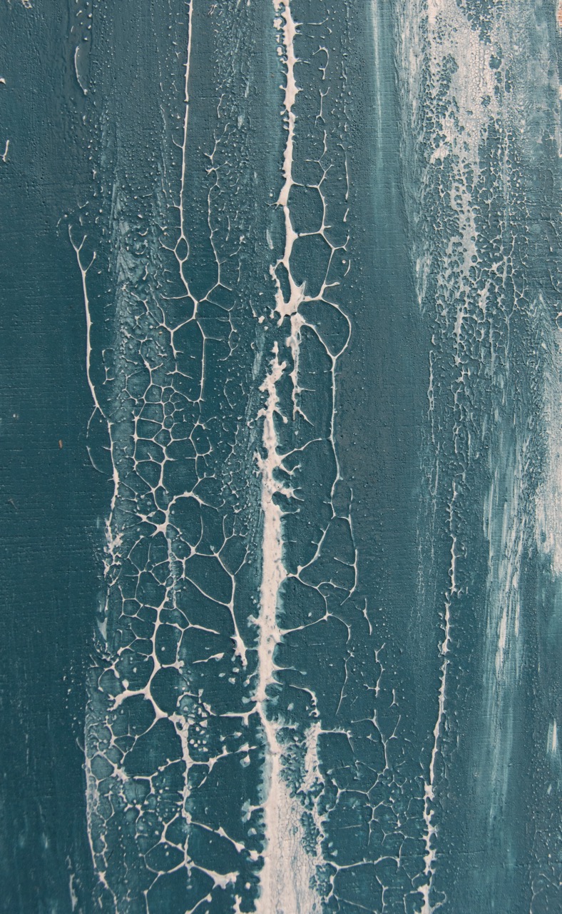 abstract painting with acrylics on plywood, depicting a posedonia meadow seagrass against pale azure blue seas of Malta, 2017