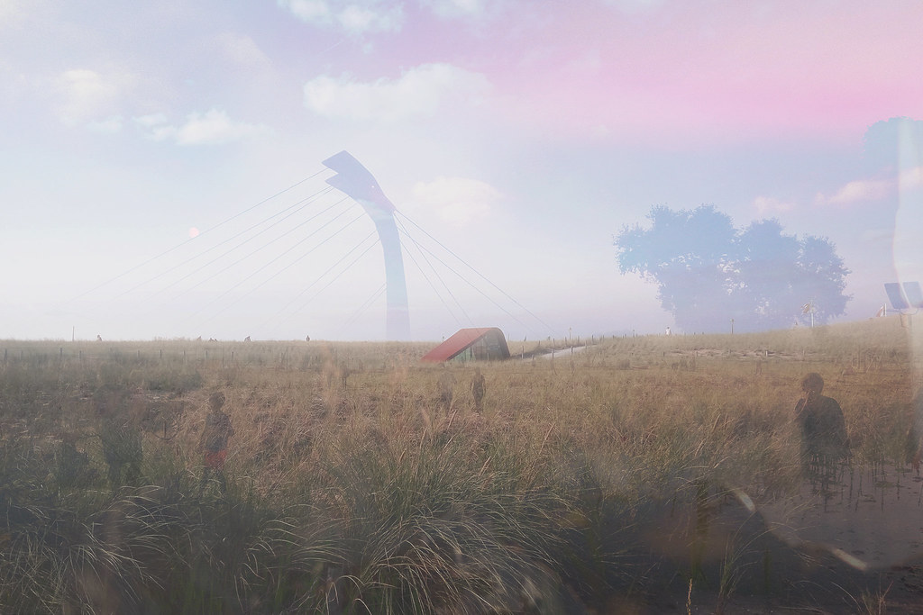 Multiple exposure of reed field and figure in pink haze, Netherlands, memory series, digital collage