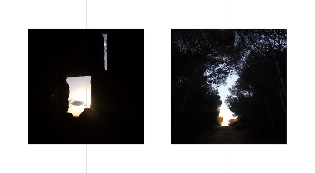 Trees silhouetted against burst of light, decentred night photograph