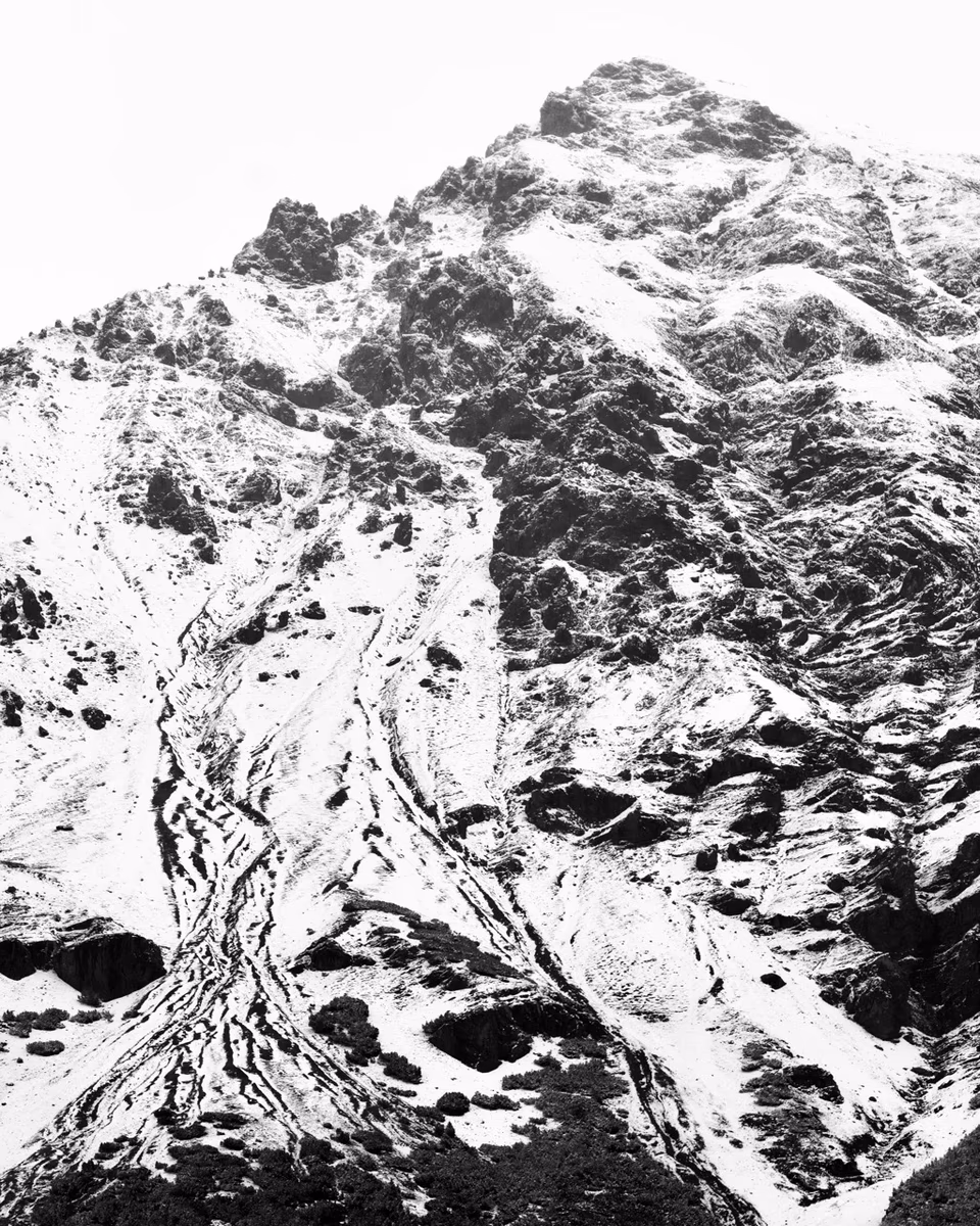 Abstract detail shot of ice, snow and rock, Dolomites, digital photography, 2024