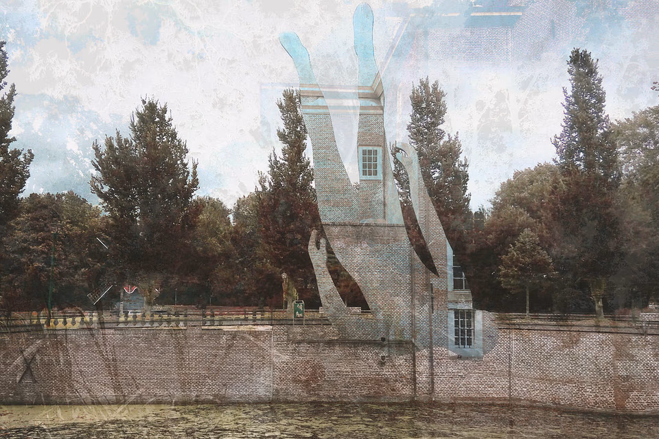 Double exposure of Dutch monument and trees, layered architectural memory, Netherlands"