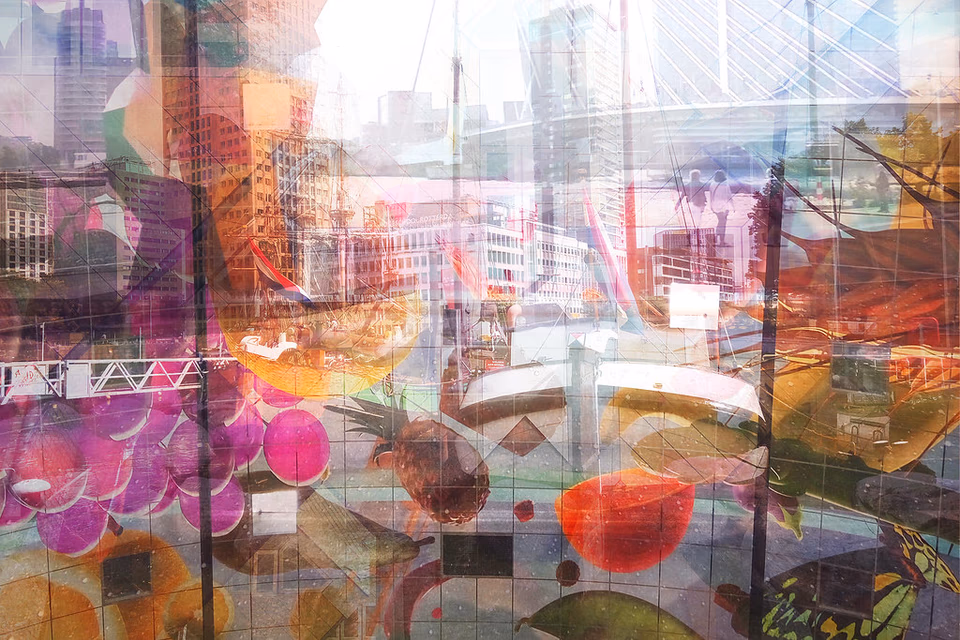 Vivid multiple exposure collage of Rotterdam or Amsterdam skyline with street art and colourful fragments, Netherlands memory series