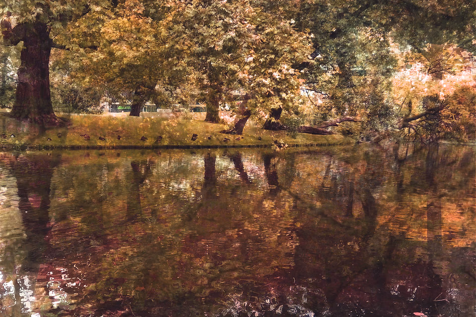 Multiple exposure of autumn canal with tree reflections, figures in Dutch park, memory collage