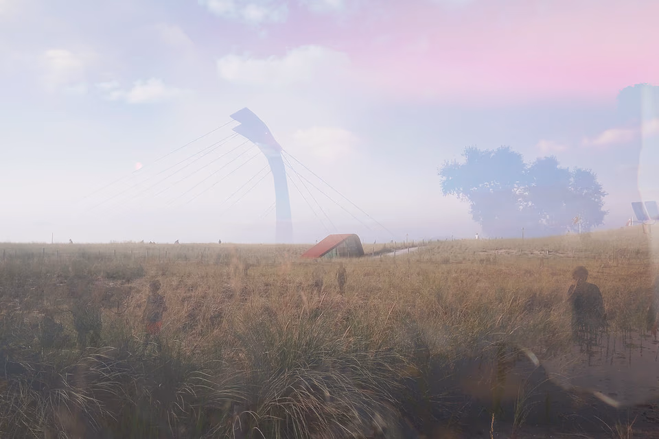 Multiple exposure of reed field and figure in pink haze, Netherlands, memory series, digital collage