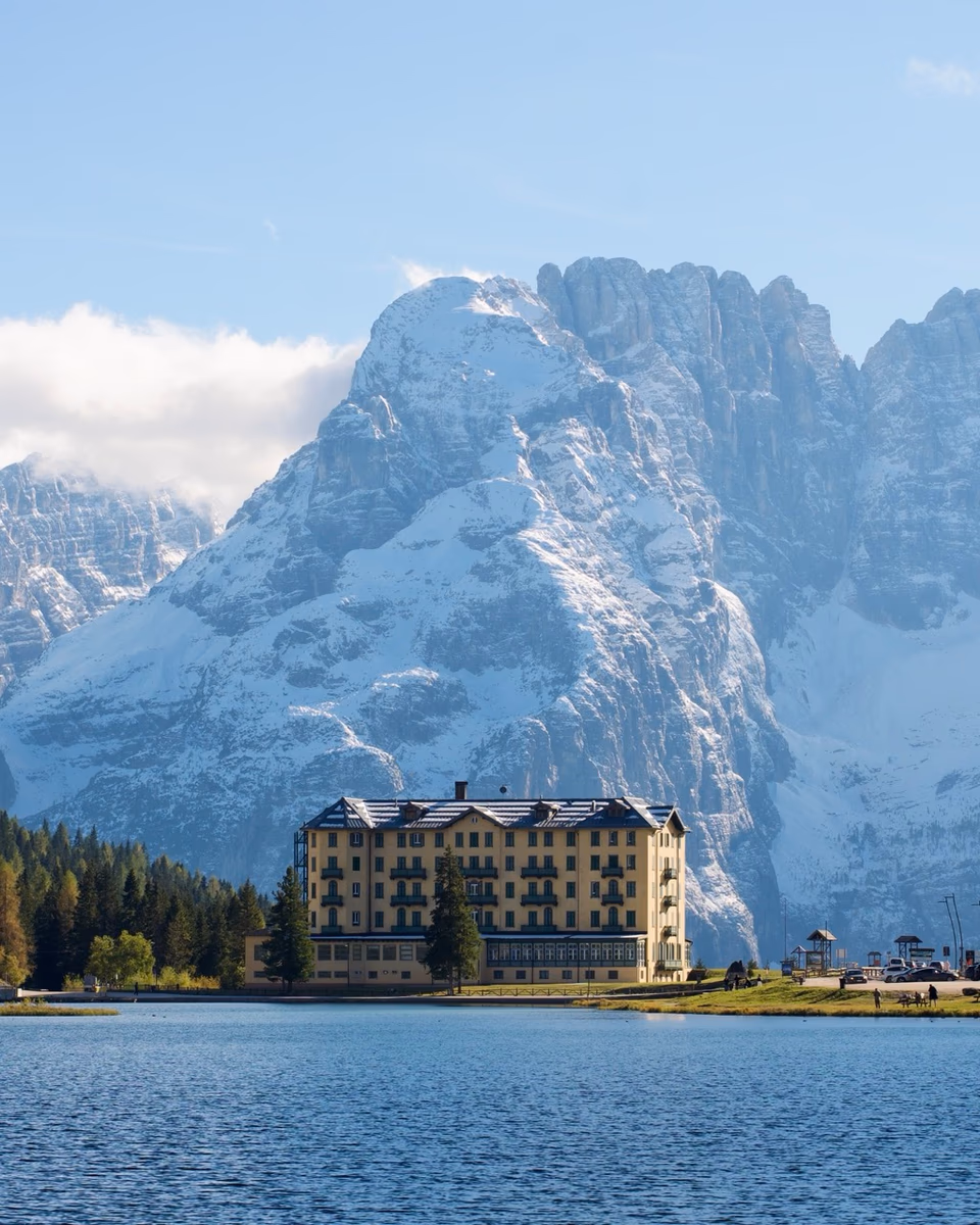 Blue hour in the Dolomites, jagged peaks against deep twilight sky, Lake Misurina, Grand Hotel Misurina, 2024