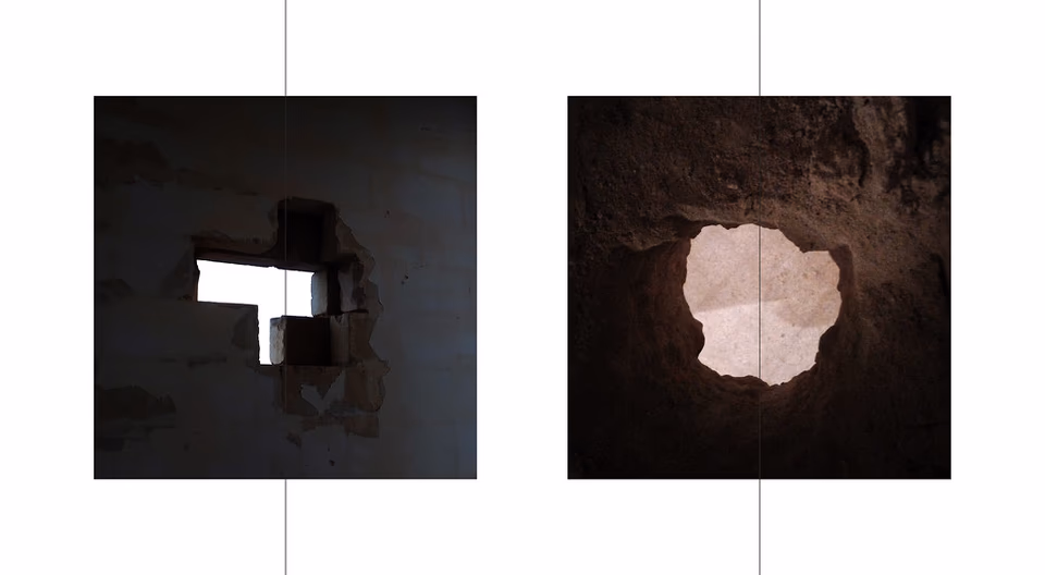 Irregular cave or aperture opening, bright light beyond, perception series