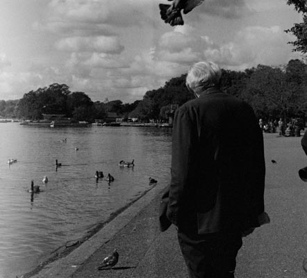 Man at a pond, black and white, street photography, public park, London, UK, 35mm film photography